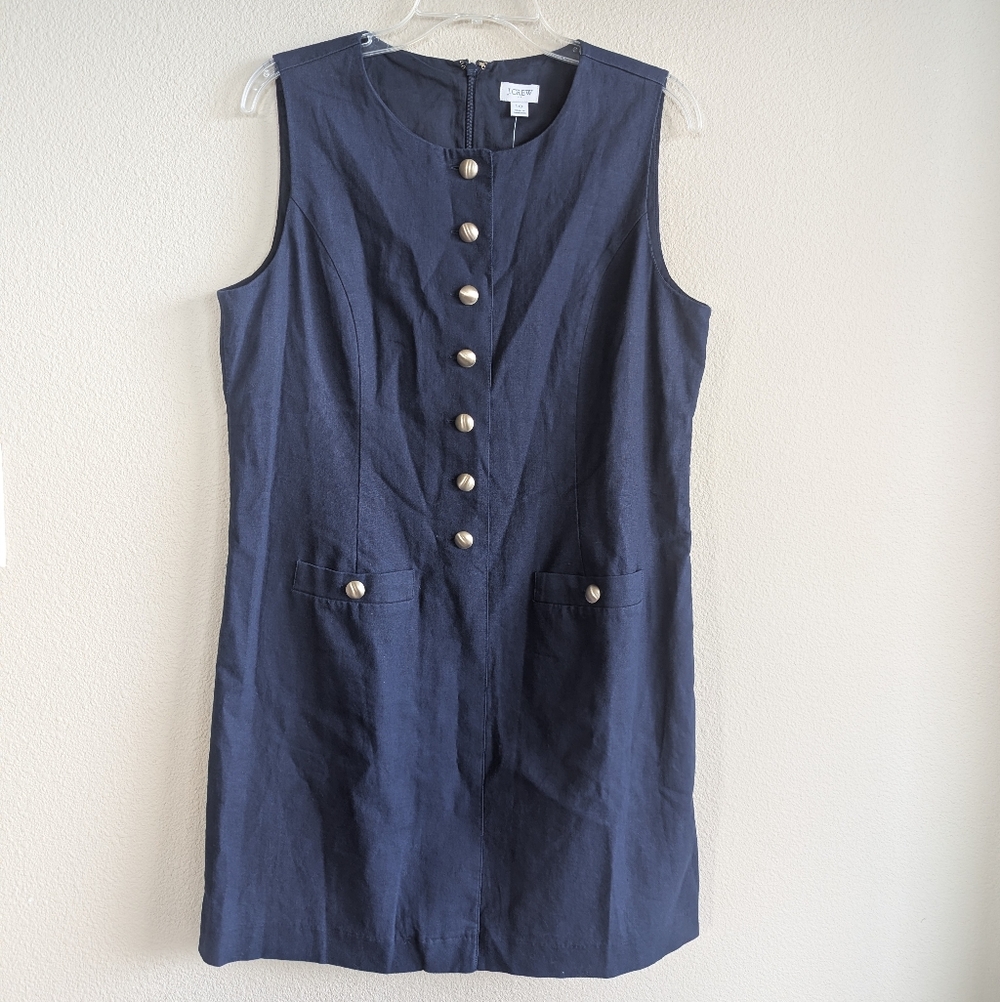 NWT J. Crew Size 10 Navy Blue Sleeveless Dress Linen And Cotton With Lining